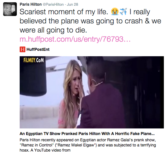 586px x 536px - Sickest prank ever: TV show makes Paris Hilton think she was going to die  in a plane crash