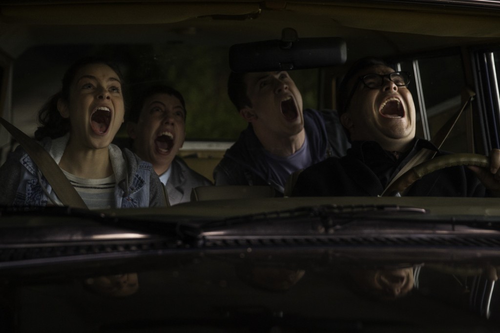 L-r, Odeya Rush, Ryan Lee, Dylan Minnette and Jack Black star in Columbia Pictures' "Goosebumps."