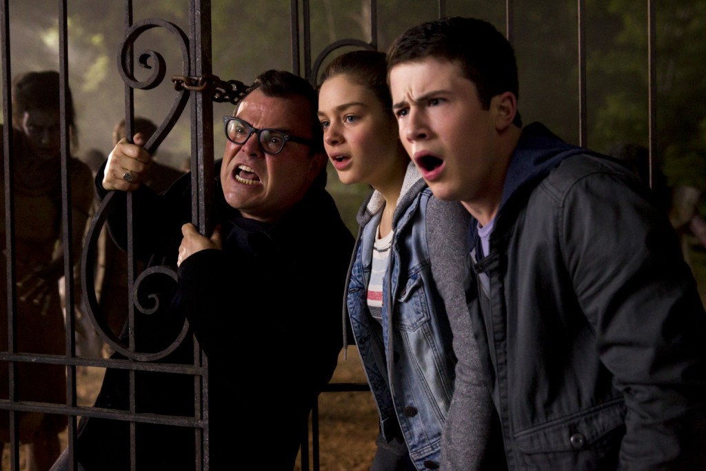 L-r, Jack Black, Odeya Rush and Dylan Minnette star in Columbia Pictures' "Goosebumps."