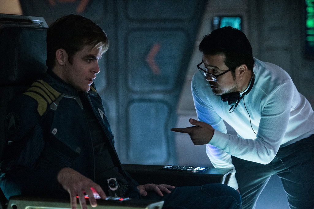 Left to right: Chris Pine and Director Justin Lin on the set of Star Trek Beyond from Paramount Pictures, Skydance, Bad Robot, Sneaky Shark and Perfect Storm Entertainment