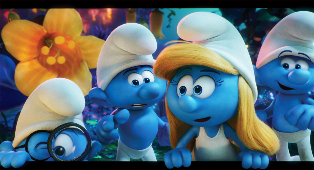 Brainy (Danny Pudi), Hefty (Joe Manganiello), Smurfette (Demi Lovato) and Clumsy (Jack McBrayer) embark on an exciting and thrilling race through the Forbidden Forest in Sony Pictures Animation's fully animated, all-new take on the Smurfs, SMURFS: THE LOST VILLAGE in theaters April 2017.