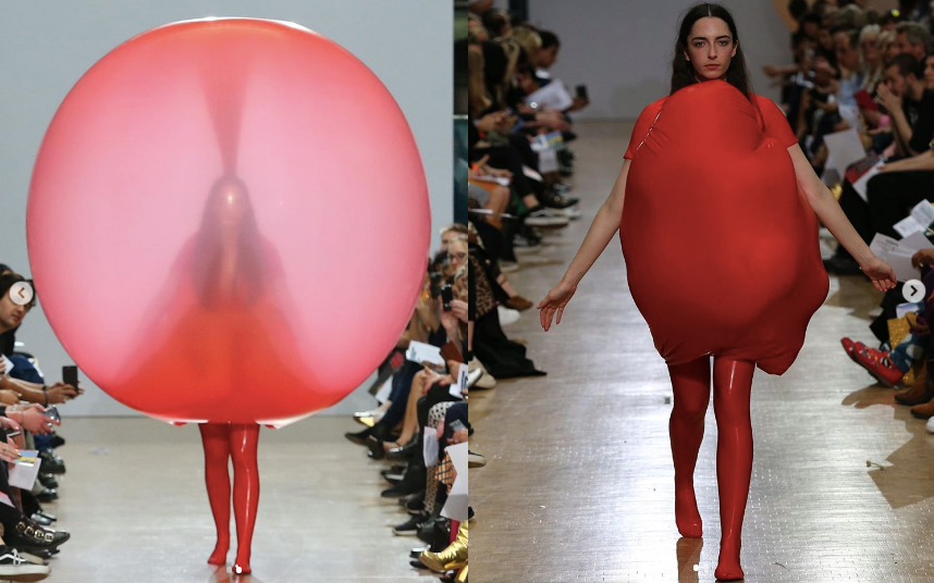 Fashion graduate dressed runway models in rubber balloons that deflate into amazing dresses