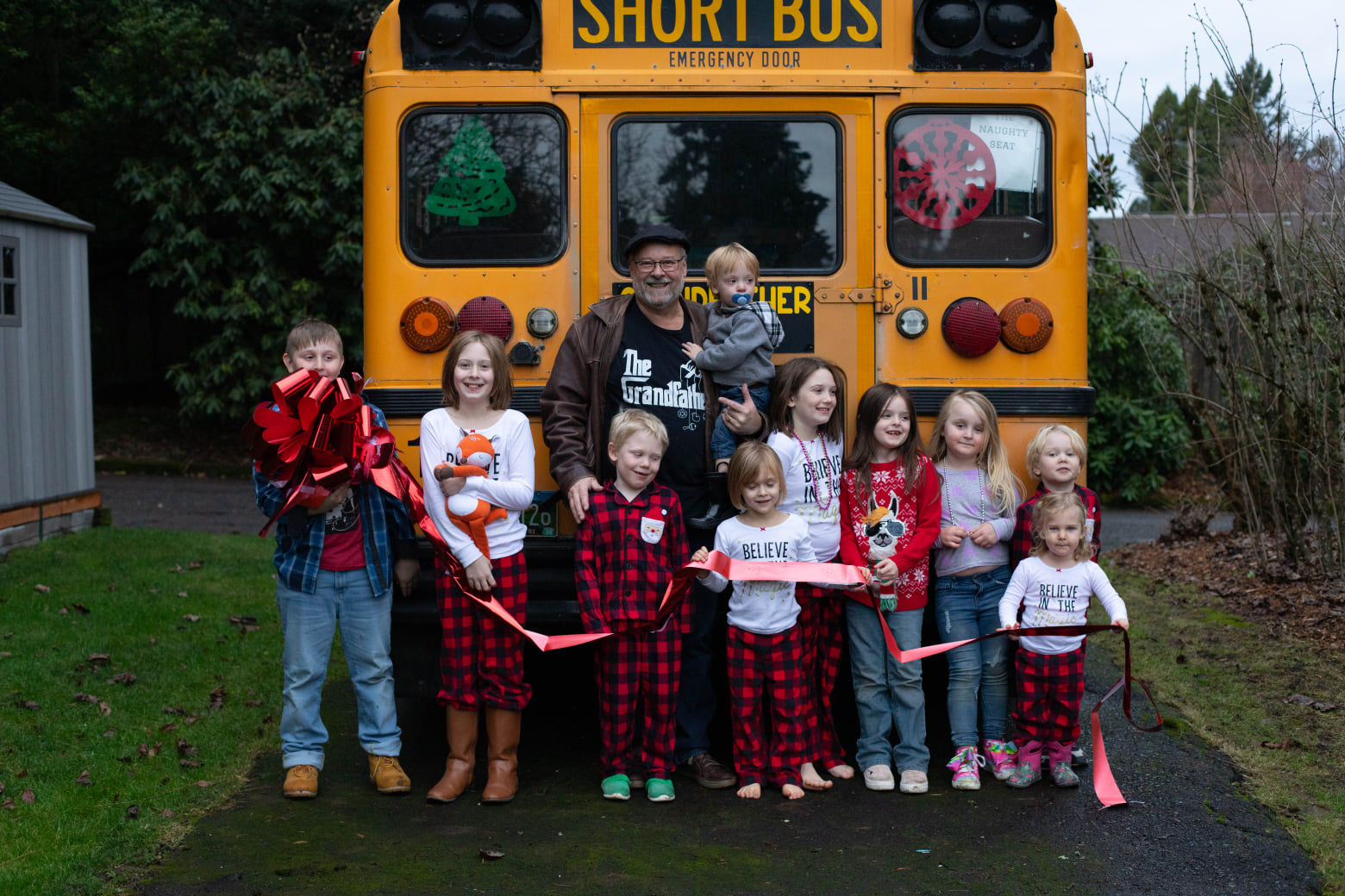 school bus, grandather, grandkids