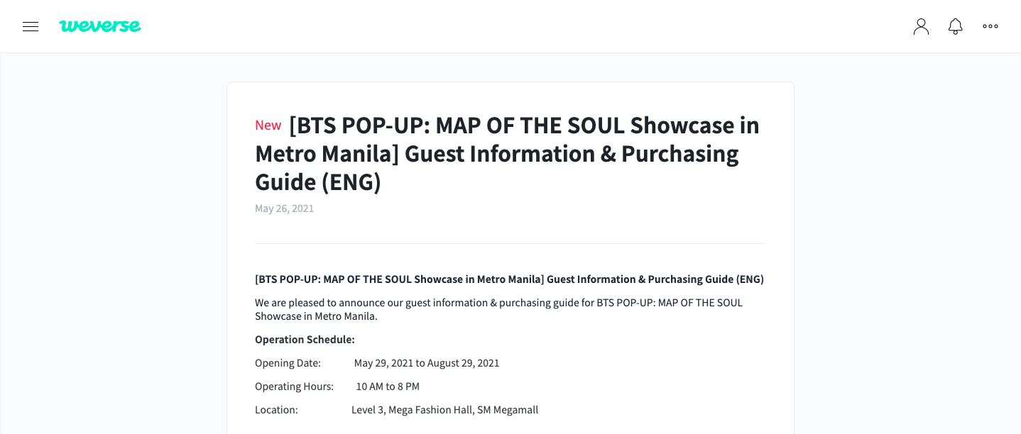 BTS Weverse's announcement on the pop-up showcase which will open in Metro Manila