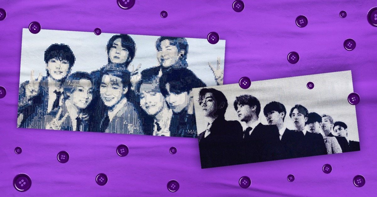 photos of realistic portraits of BTS created by a fan using upcycled materials with purple background and purple shirt button designs