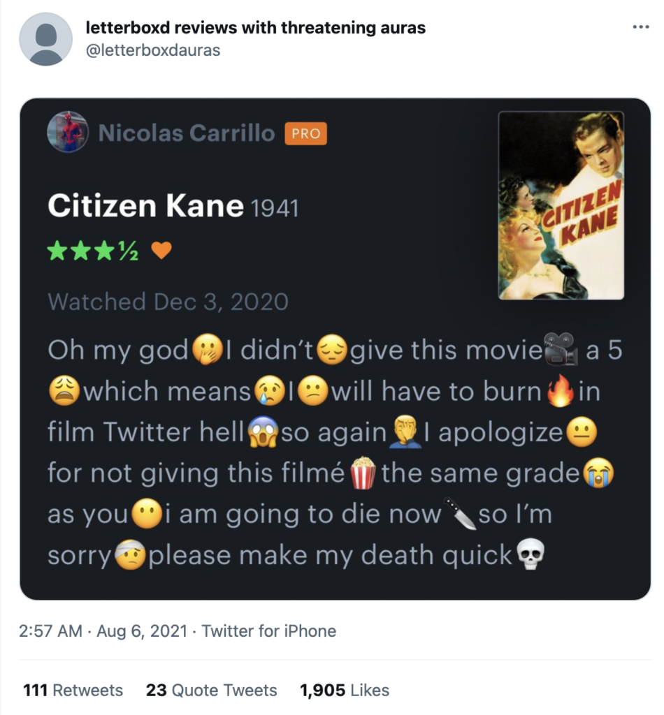 Letterboxd reviews with threatening auras Citizen Kane