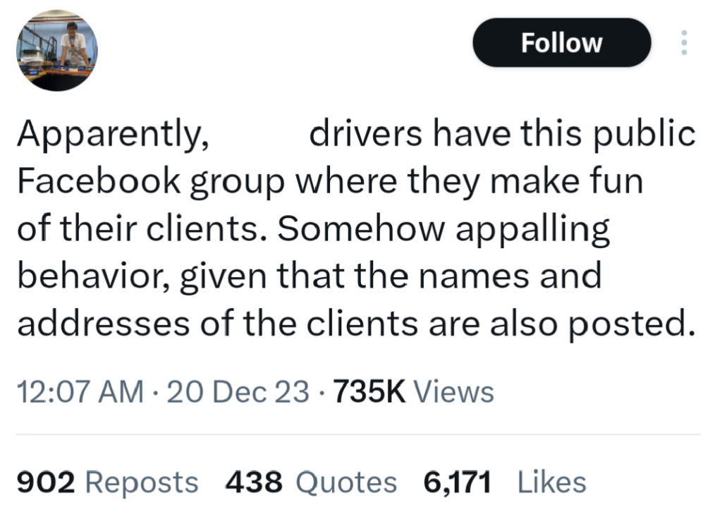 tweet about ride-hailing drivers group